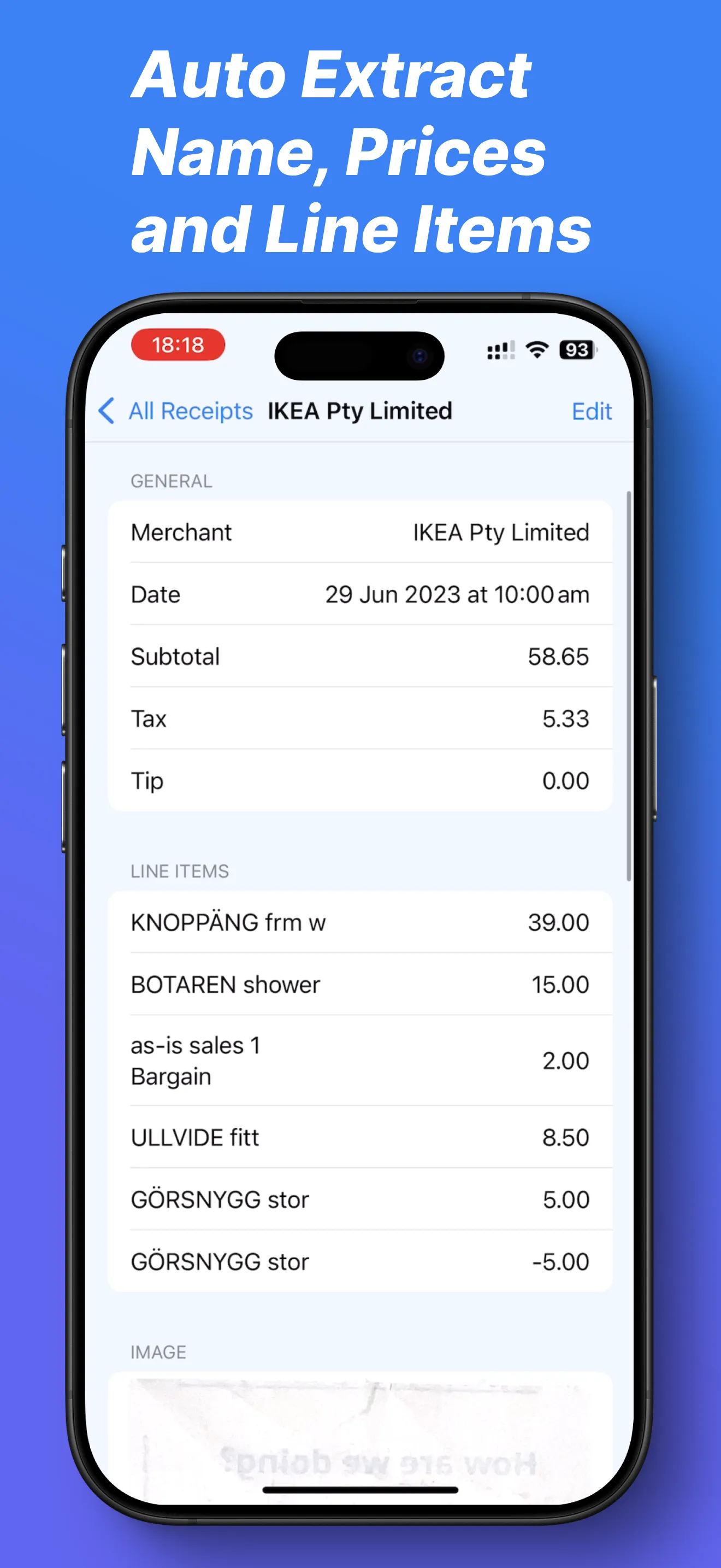 app preview - auto extract name, prices and line items
