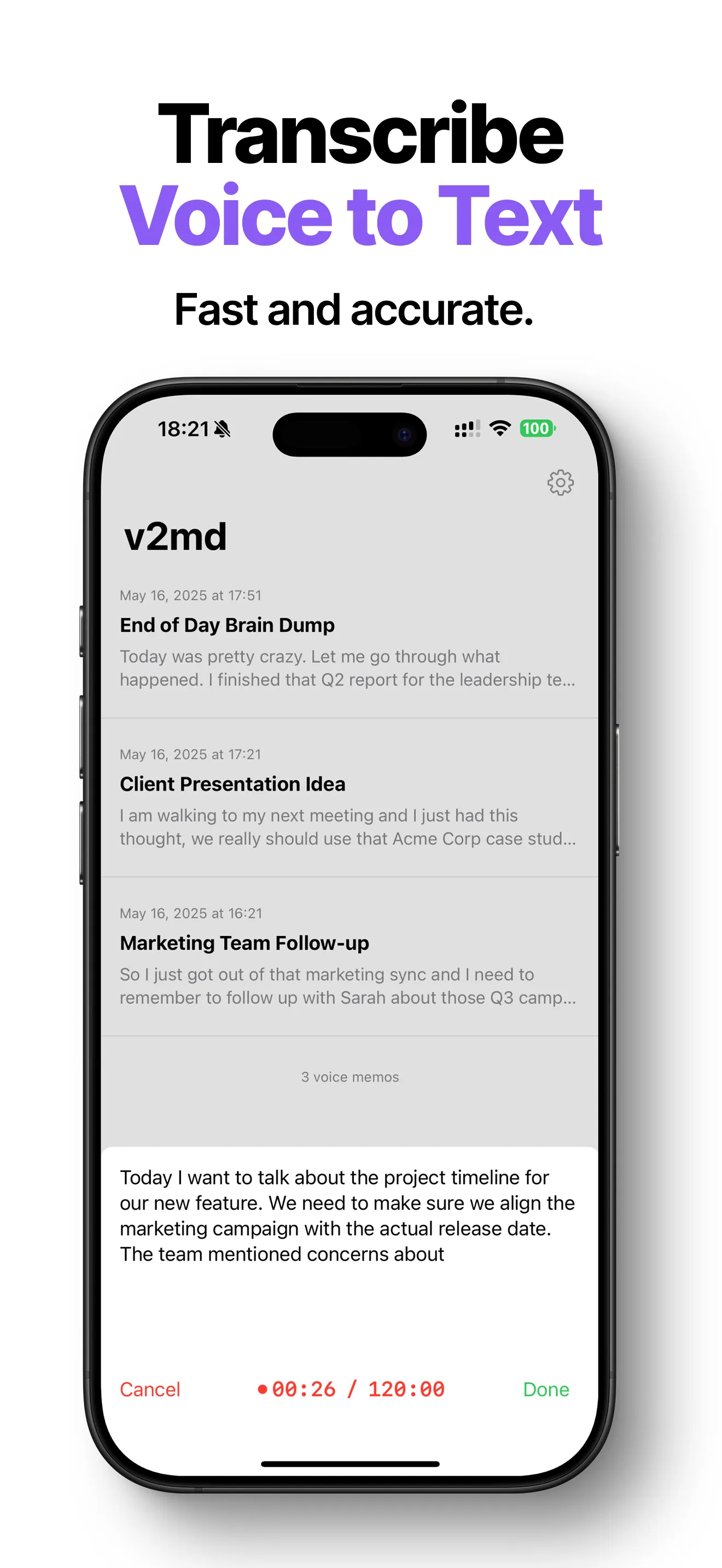 app preview - transcribe voice to text